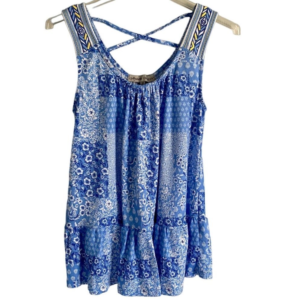 Absolutely Famous Sleeveless Floral Patchwork Top Criss Cross Back Medium NEW